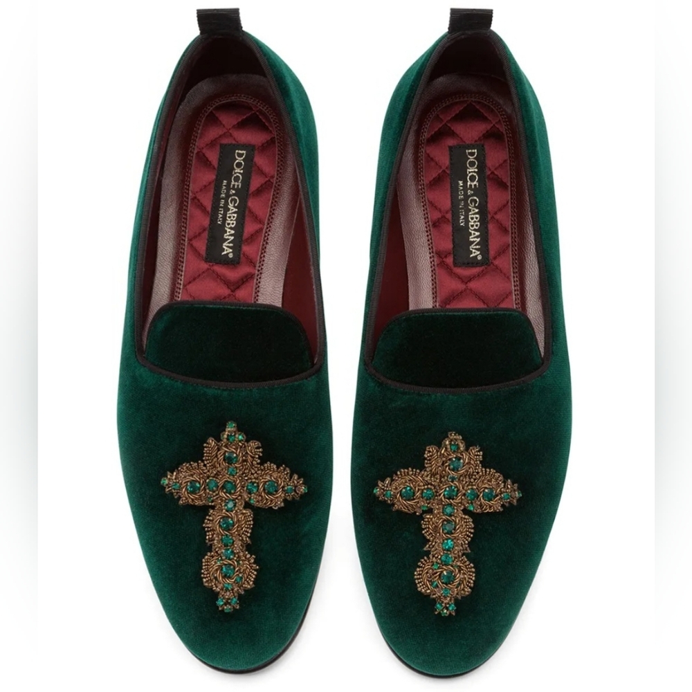 Dolce & Gabbana Emerald Velvet Loafers with Gold Cross Detail Size 10